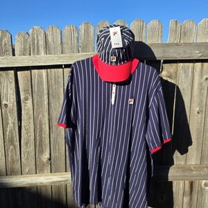 Fila Navy, Red, And White Striped Polo Shirt And Cap Set